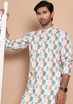 Off White Printed Poly Blend Kurta Set For Men