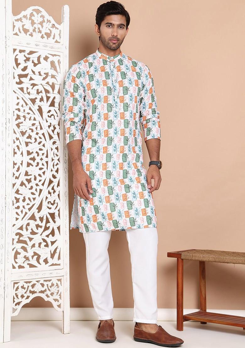 Off White Printed Poly Blend Kurta Set For Men