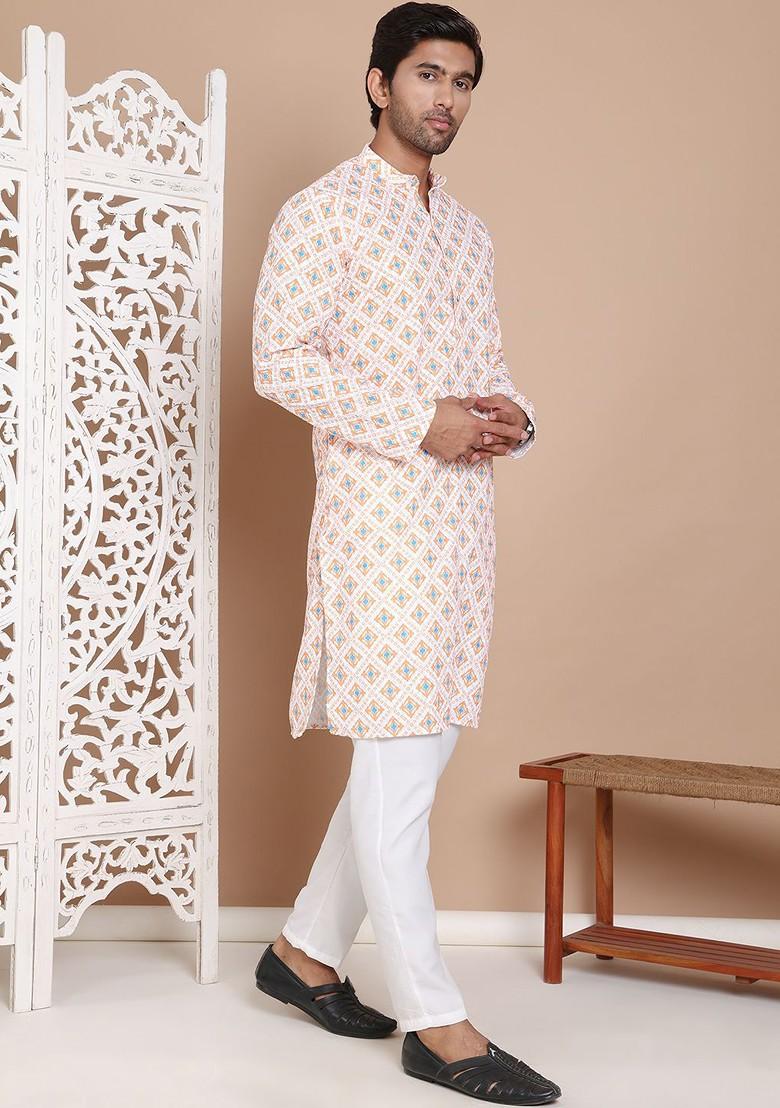 Orange Printed Poly Blend Kurta Set For Men