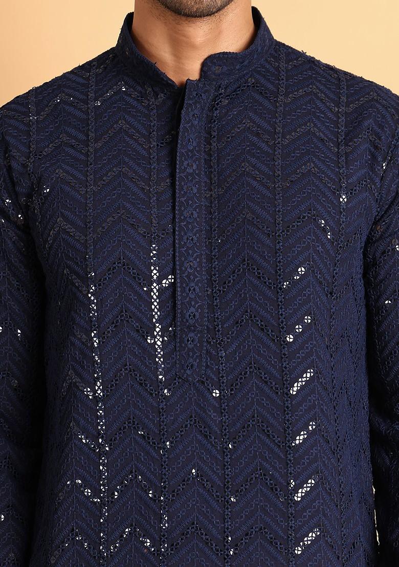 Navy Blue Embroidered Poly Blend Kurta Set For Men