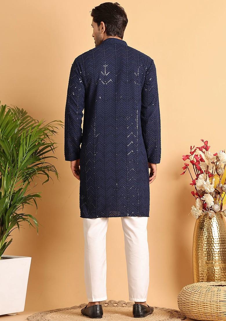 Navy Blue Embroidered Poly Blend Kurta Set For Men
