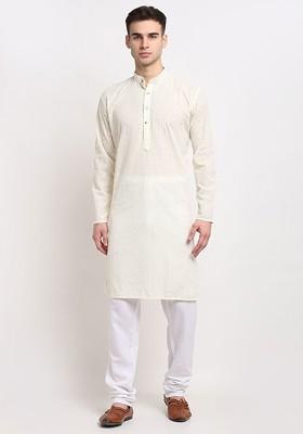 Off White Ethnic Motif Poly Blend Kurta Set For Men
