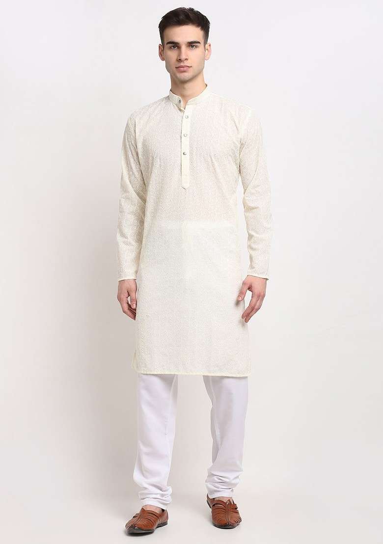 Off White Ethnic Motif Poly Blend Kurta Set For Men - Indya