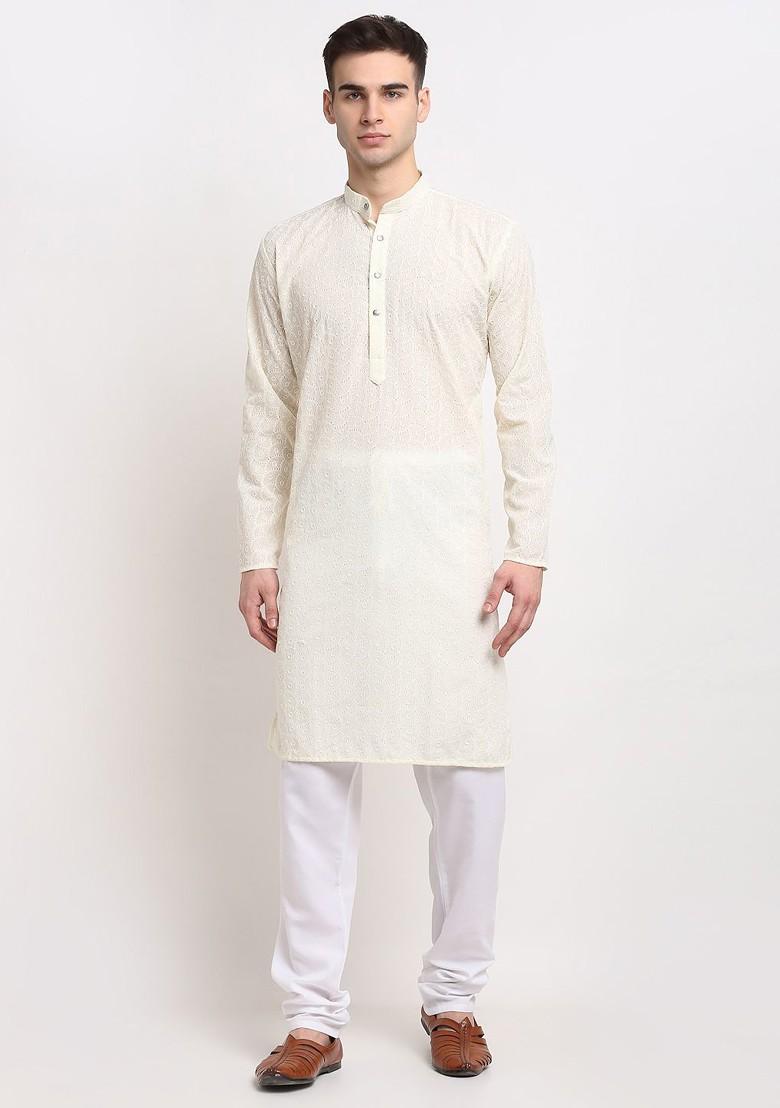 Off White Ethnic Motif Poly Blend Kurta Set For Men