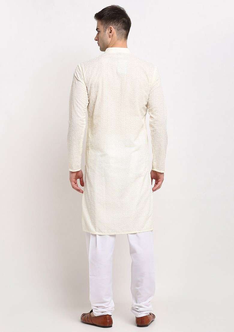 Off White Ethnic Motif Poly Blend Kurta Set For Men - Indya