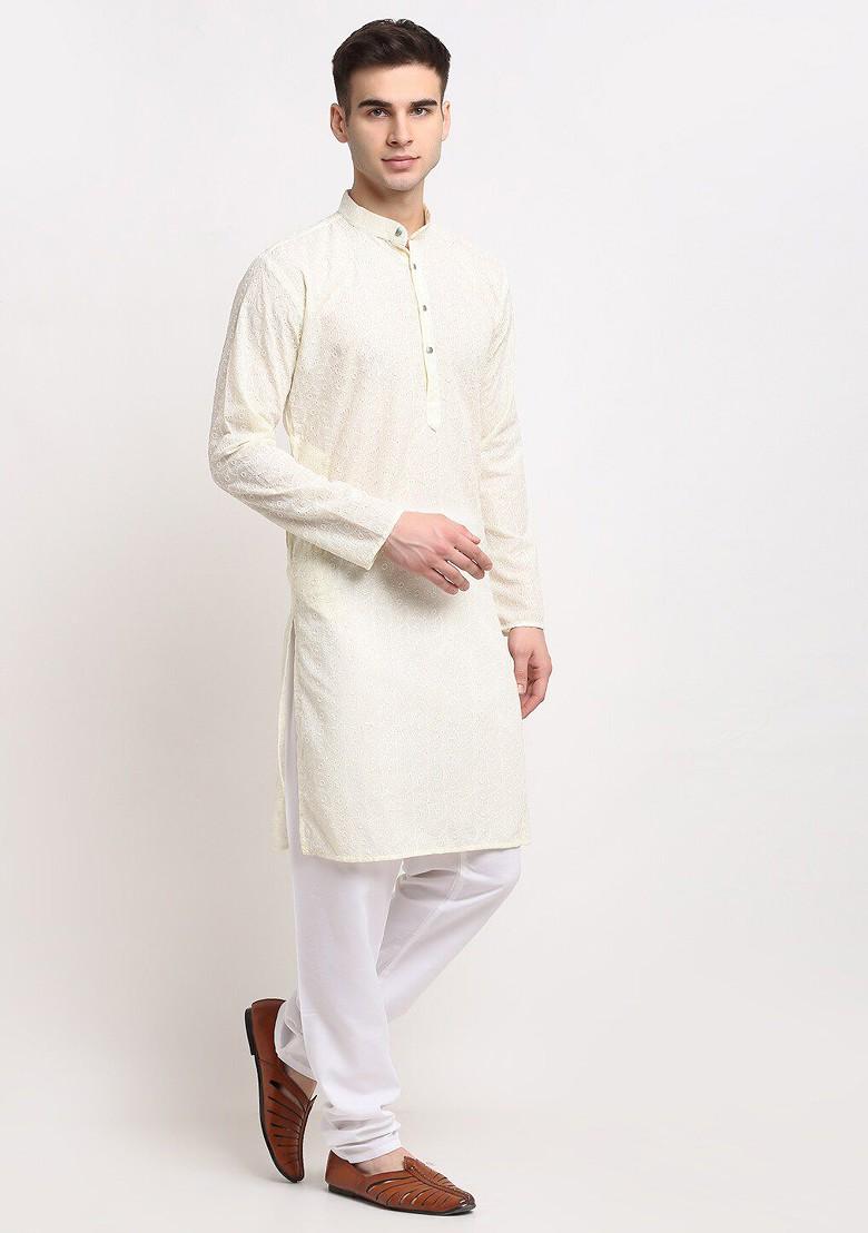 Off White Ethnic Motif Poly Blend Kurta Set For Men