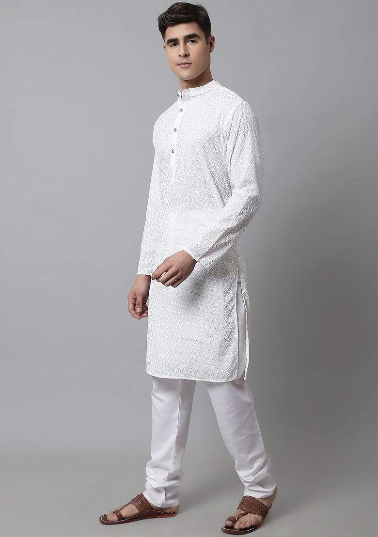 White Embroidered Poly Blend Kurta Set For Men