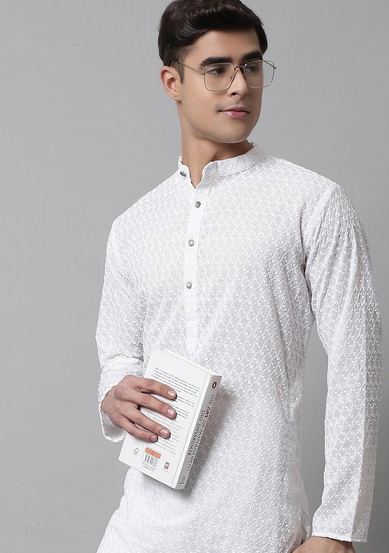 White Embroidered Poly Blend Kurta Set For Men