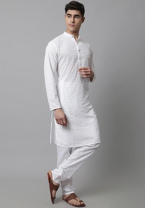 White Embroidered Poly Blend Kurta Set For Men