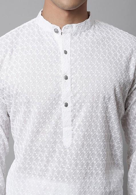 White Embroidered Poly Blend Kurta Set For Men