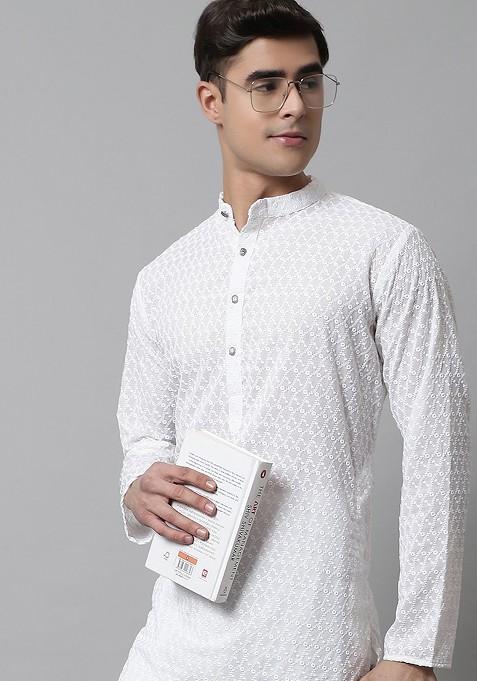 White Embroidered Poly Blend Kurta Set For Men