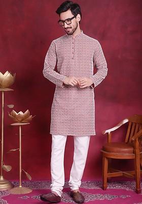 Coral Embroidered Poly Blend Kurta Set For Men