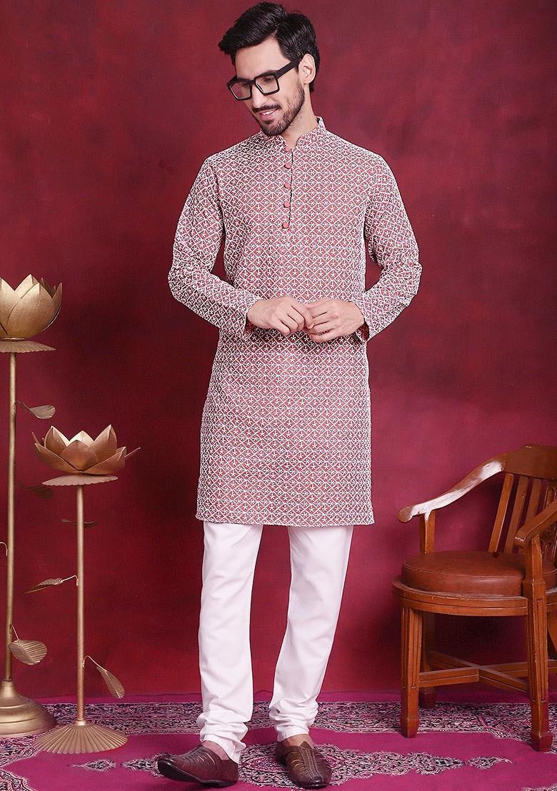 Coral Embroidered Poly Blend Kurta Set For Men