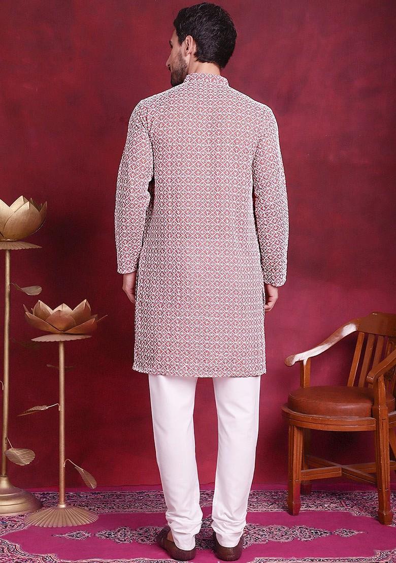 Coral Embroidered Poly Blend Kurta Set For Men