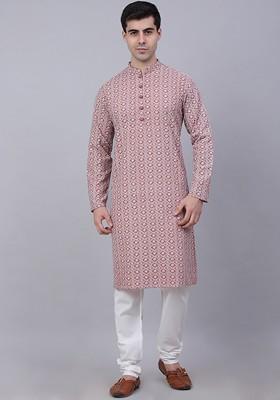 Coral Embroidered Poly Blend Kurta Set For Men