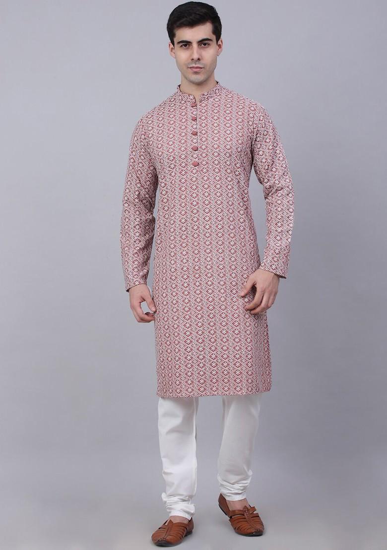 Coral Embroidered Poly Blend Kurta Set For Men
