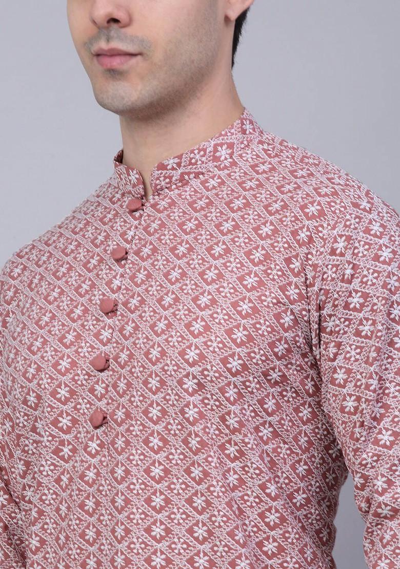 Coral Embroidered Poly Blend Kurta Set For Men