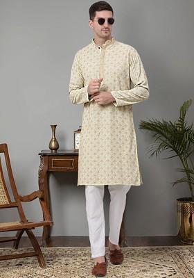 Beige Embroidered Poly Blend Kurta Set For Men