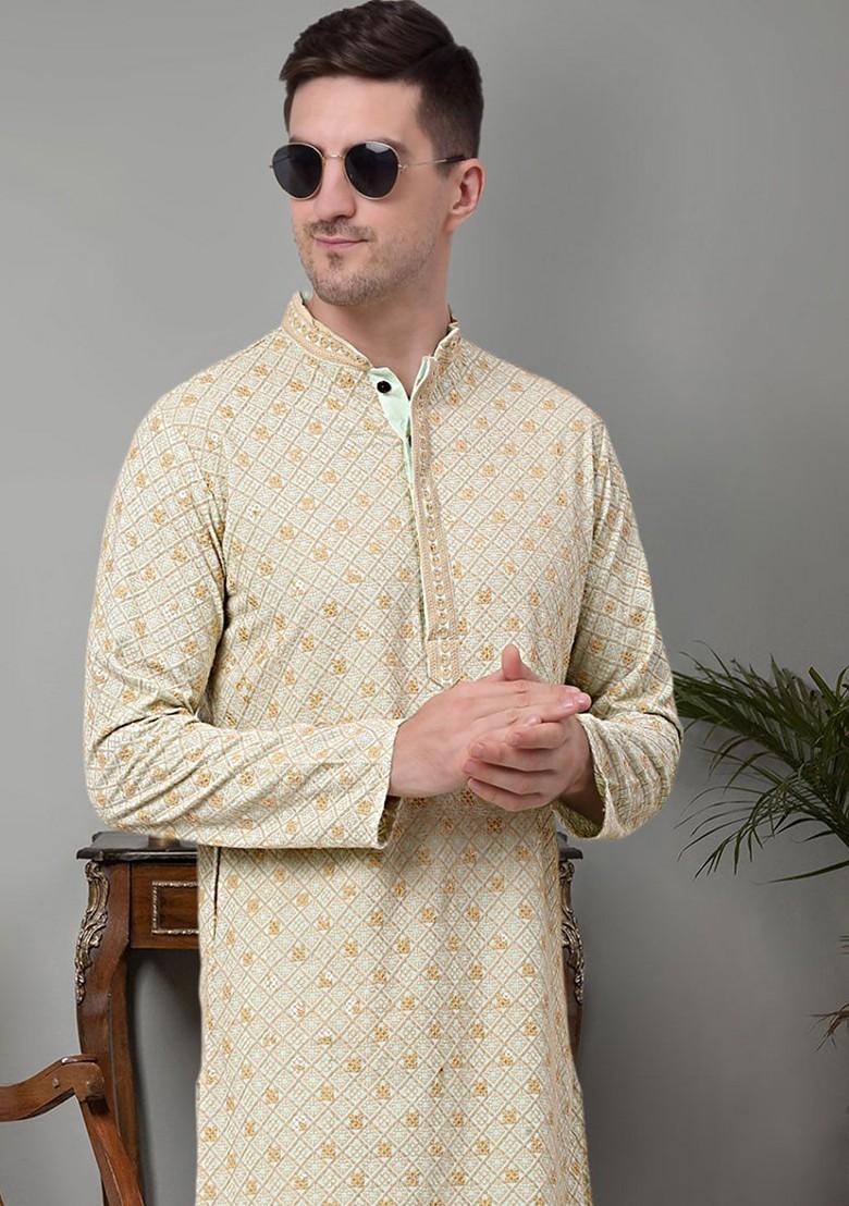 Beige Embroidered Poly Blend Kurta Set For Men