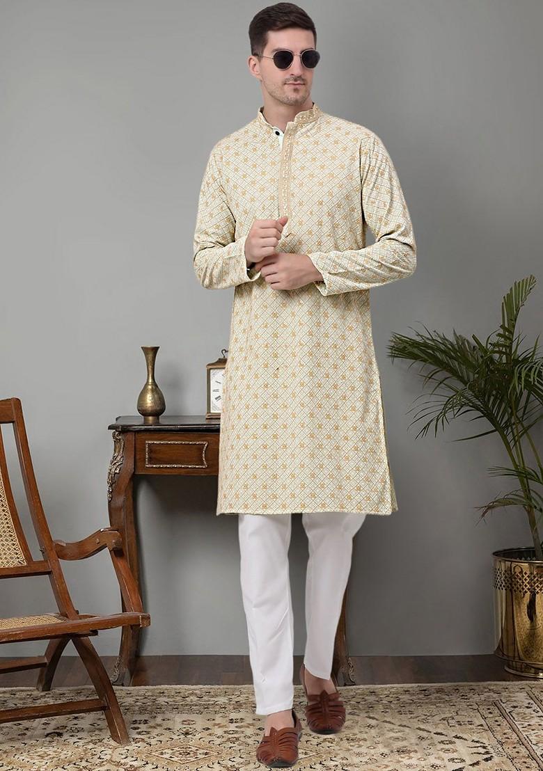 Beige Embroidered Poly Blend Kurta Set For Men