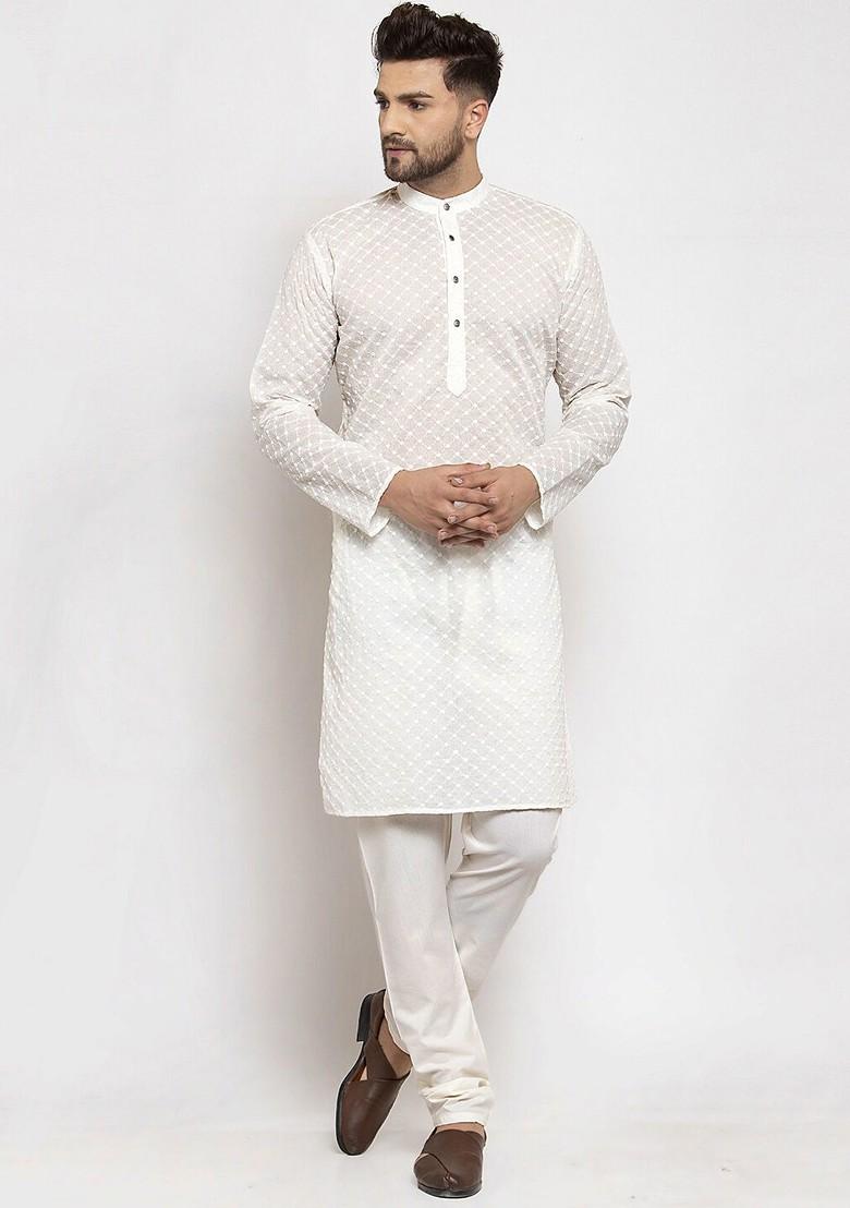 Cream Printed Poly Blend Kurta Set For Men