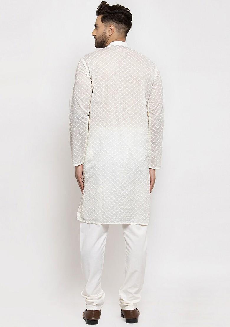 Cream Printed Poly Blend Kurta Set For Men