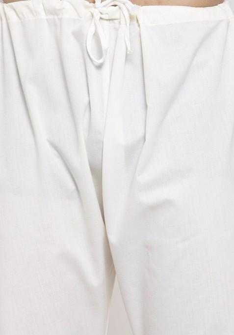 Cream Printed Poly Blend Kurta Set For Men