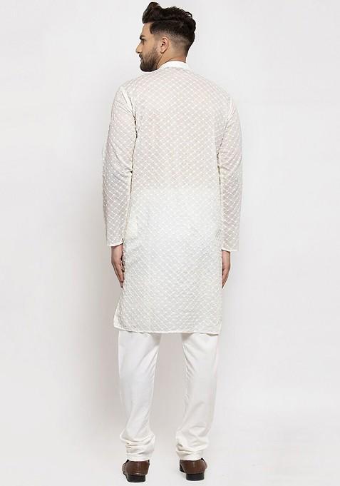 Cream Printed Poly Blend Kurta Set For Men