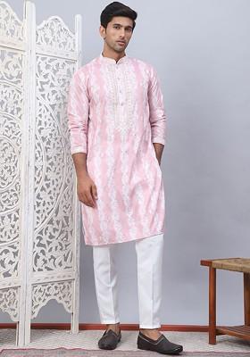 Peach Embroidered Poly Blend Kurta Set For Men