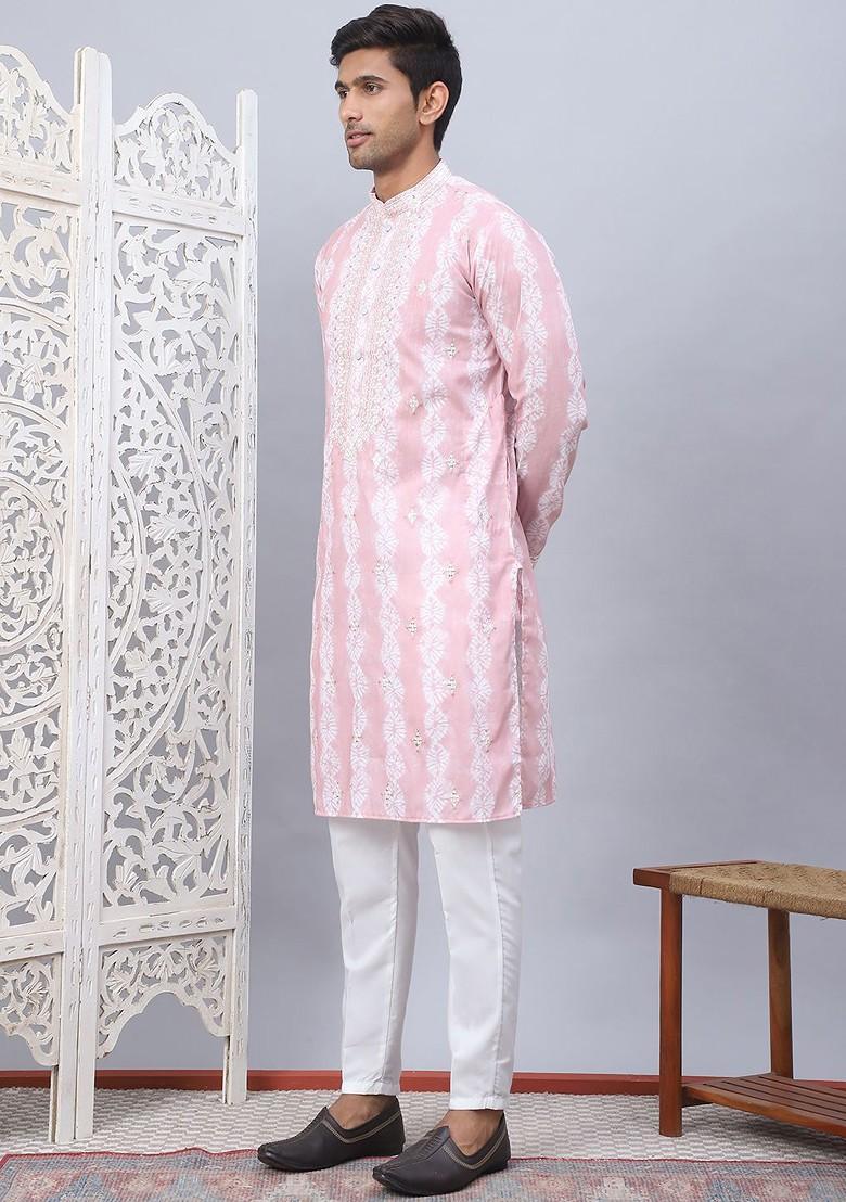 Peach Embroidered Poly Blend Kurta Set For Men