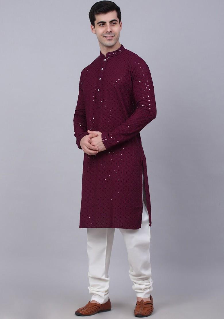 Maroon Embroidered Poly Blend Kurta Set For Men