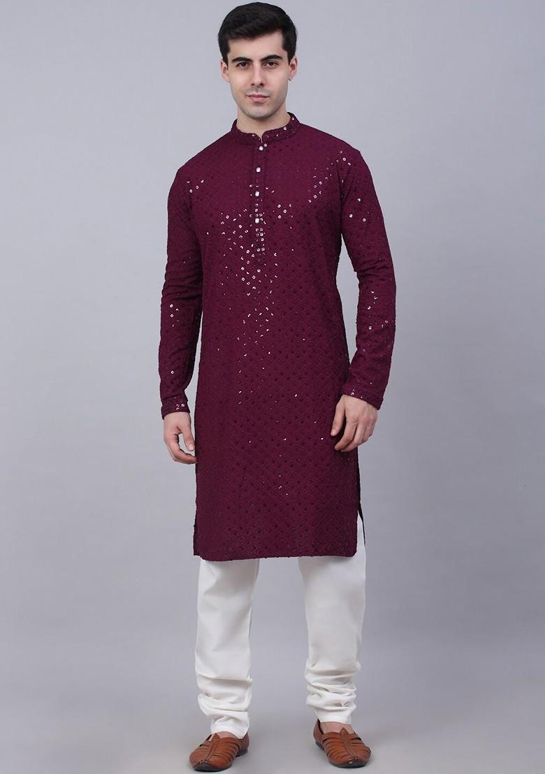 Maroon Embroidered Poly Blend Kurta Set For Men