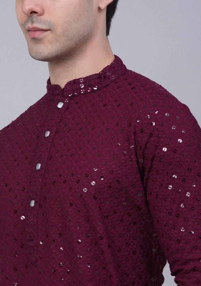 Maroon Embroidered Poly Blend Kurta Set For Men
