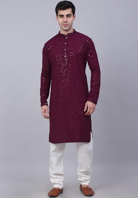 Maroon Embroidered Poly Blend Kurta Set For Men