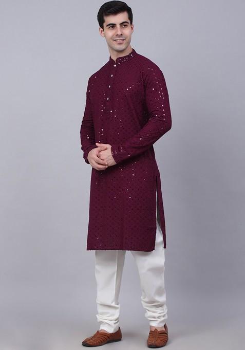 Maroon Embroidered Poly Blend Kurta Set For Men