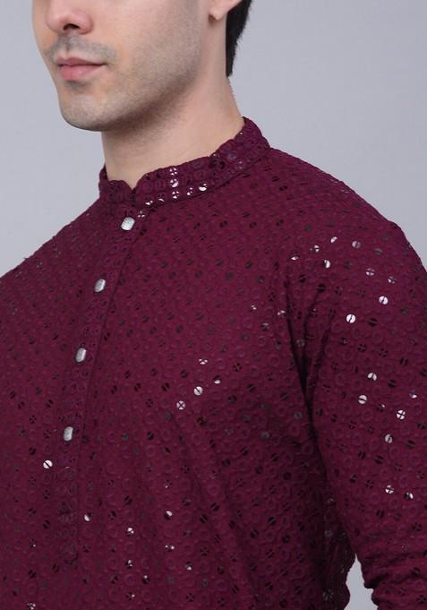 Maroon Embroidered Poly Blend Kurta Set For Men