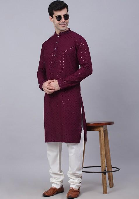 Maroon Embroidered Poly Blend Kurta Set For Men