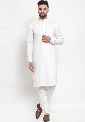 Off White Embroidered Poly Blend Kurta Set For Men