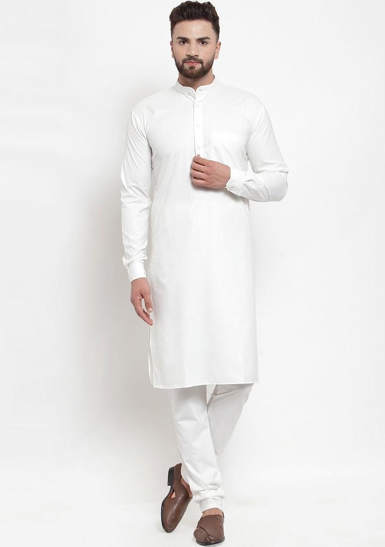 Off White Embroidered Poly Blend Kurta Set For Men