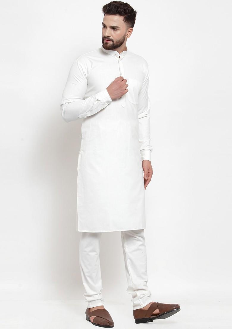 Off White Embroidered Poly Blend Kurta Set For Men