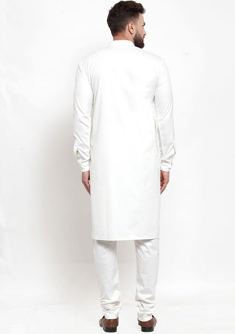 Off White Embroidered Poly Blend Kurta Set For Men