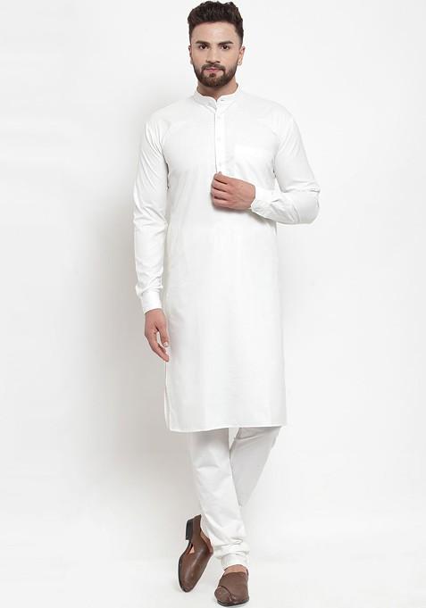 Off White Embroidered Poly Blend Kurta Set For Men
