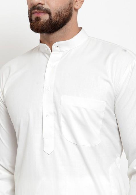 Off White Embroidered Poly Blend Kurta Set For Men