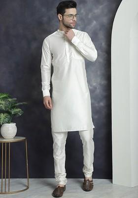 Off White Embroidered Poly Blend Kurta Set For Men