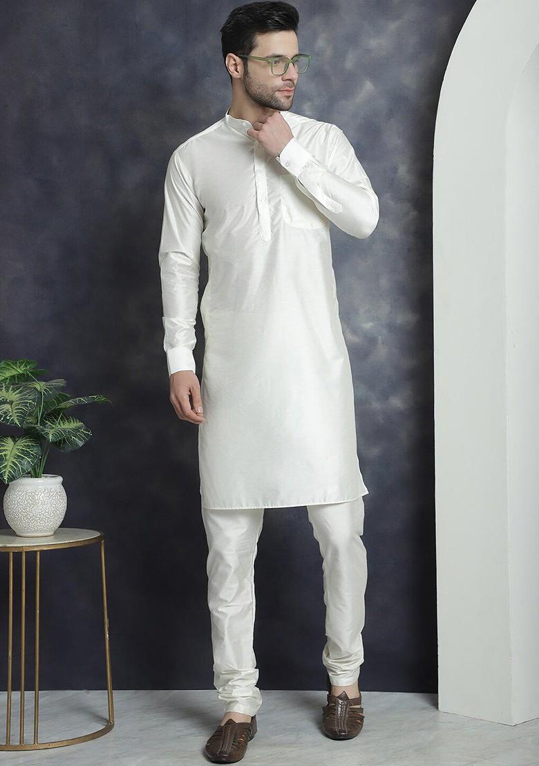 Off White Embroidered Poly Blend Kurta Set For Men
