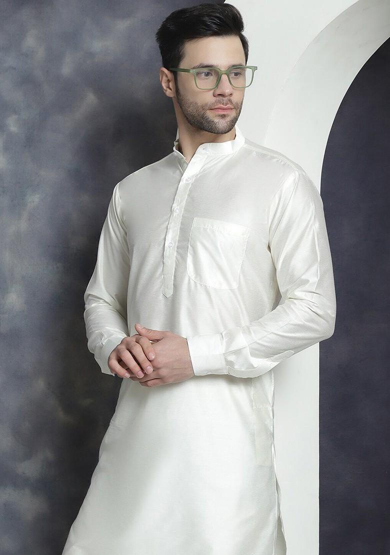 Off White Embroidered Poly Blend Kurta Set For Men