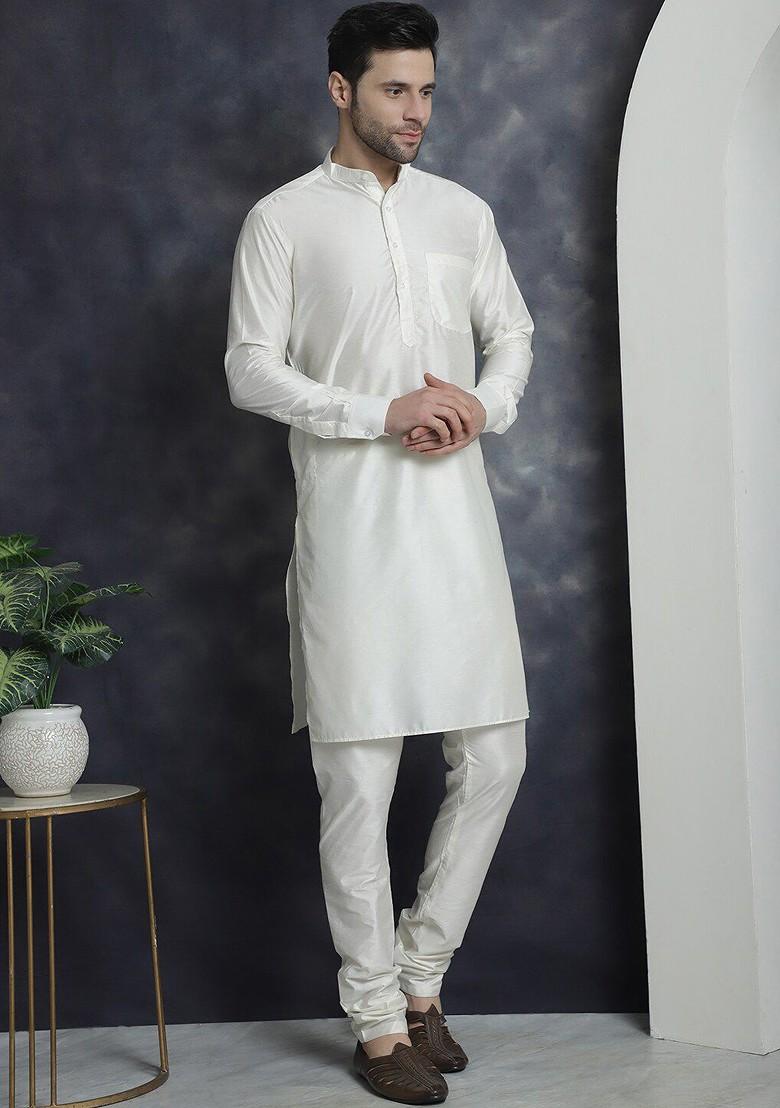 Off White Embroidered Poly Blend Kurta Set For Men