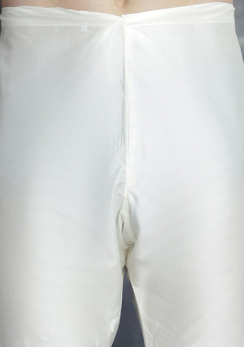 Off White Embroidered Poly Blend Kurta Set For Men