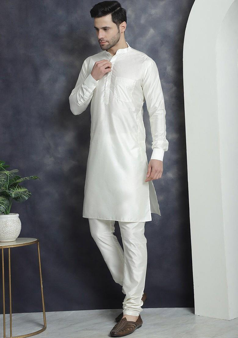 Off White Embroidered Poly Blend Kurta Set For Men