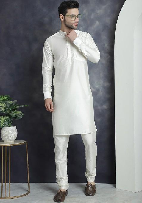 Off White Embroidered Poly Blend Kurta Set For Men